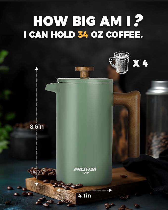 POLIVIAR French Press Coffee Maker, 34 oz Coffee Press with Real Wood Handle, Double Wall Insulation & Dual-Filter Screen, Food Grade Stainless Steel for Good Coffe and Tea (Flatland) | Real Wood Handle Coffee Press, Double Wall Insulation, Dual-Filter...