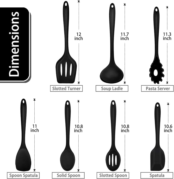 P&P CHEF Black Kitchen Utensils, Silicone Cooking Utensil Set of 7 | Soft Spatula for Nonstick Cookware, Slotted Turner, Soup Ladle, Pasta Server, Spoon for Cooking, Dishwasher Safe & Heat Proof