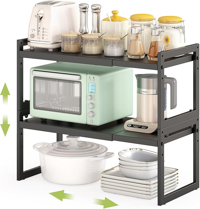 DOLALIKE Expandable Kitchen Countertop Organizer, Stackable Cabinet Shelf Organizers, Space Saving Spice Rack Pantry Storage for Bathroom Office Organization (Black, 2 Pack) | Space Saving Metal Pantry Storage Racks for Kitchen Spice Rack Pans and Unte...