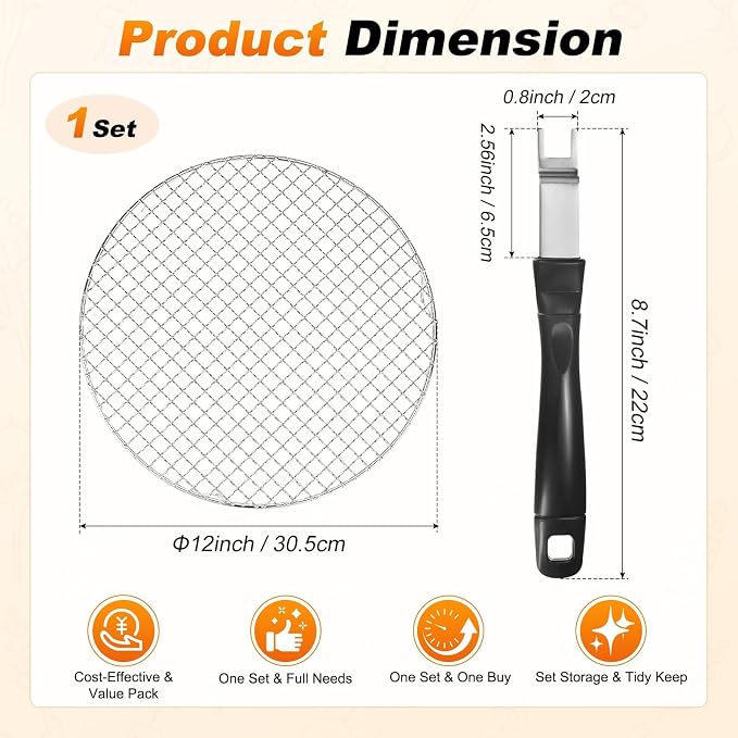 M METERXITY 2-Pack Cooling Rack 12" Round 201 Stainless Steel, Silver | Cross Wire Grate Cooling Racks with Grill Grate Lifter for Grilling, Cooking, Steaming, Baking