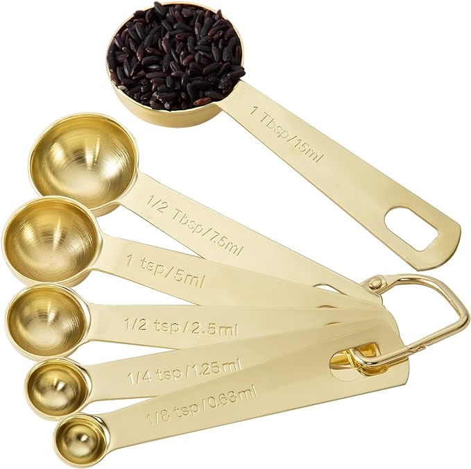 Gold Measuring Spoons, 6 Piece Set, 18/8 Stainless Steel | Heavy Duty, 1/8 tsp, 1/4 tsp, 1/2 tsp, 1 tsp, 1/2 tbsp & 1 tbsp, Measuring Liquid and Dry Ingredients, For Cooking Baking