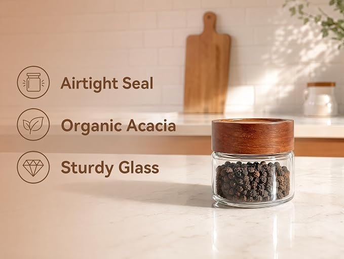 6‑Pack Small 8 Fl Oz (240 ml) Glass Jars w/Wood Lids & Spoons | Built‑in PP insert & silicone seal; airtight for oats, yogurt, spices, chia pudding & pantry storage