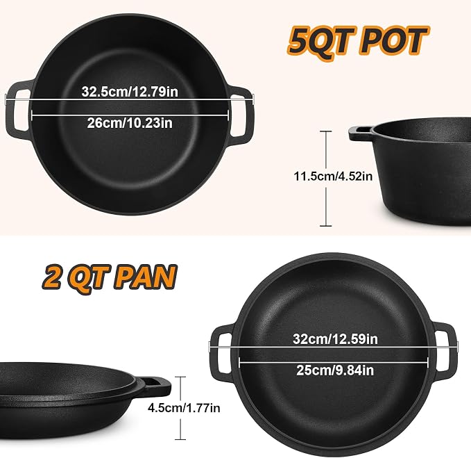 P&P CHEF 2 In 1 Black Dutch Oven Pot with Lid for Bread Baking, 5Qt | Cast Iron Bread Dutch Oven, Skillet & Pot for Roasting Braising Stewing Frying Simmering, Multi Stoves & Oven Safe