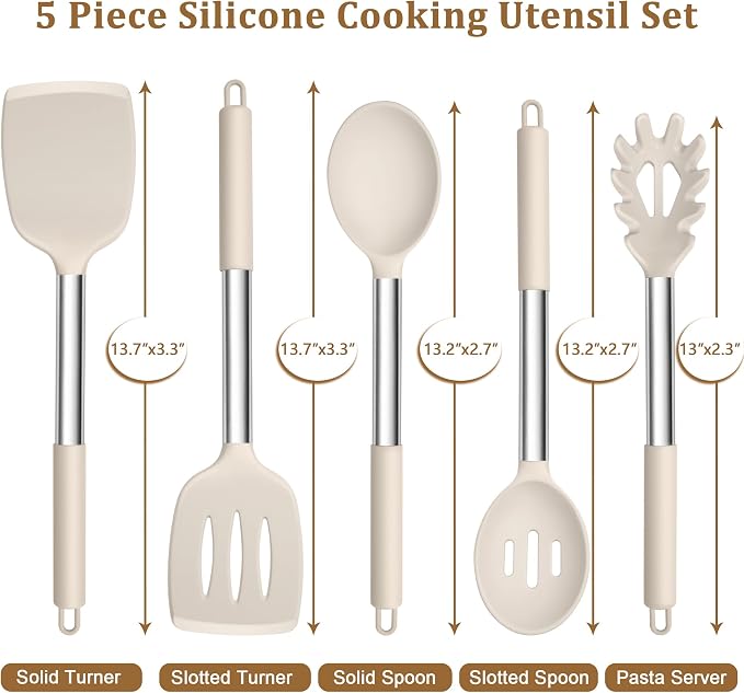 TeamFar Cooking Utensils Set, 5 PCS Silicone Kitchen Utensils, Khaki | Stainless Steel Handle for Nonstick Cookware Turning Flipping Frying Draining, Heatproof & Healthy, Nonstick & Easy Clean