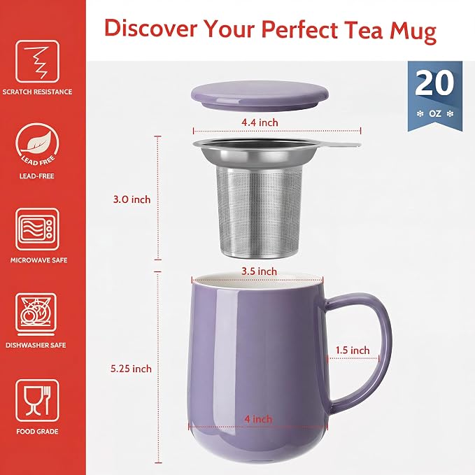 Sweese 20 oz Porcelain Tea Mug with Infuser and Lid, Purple Tea Cup