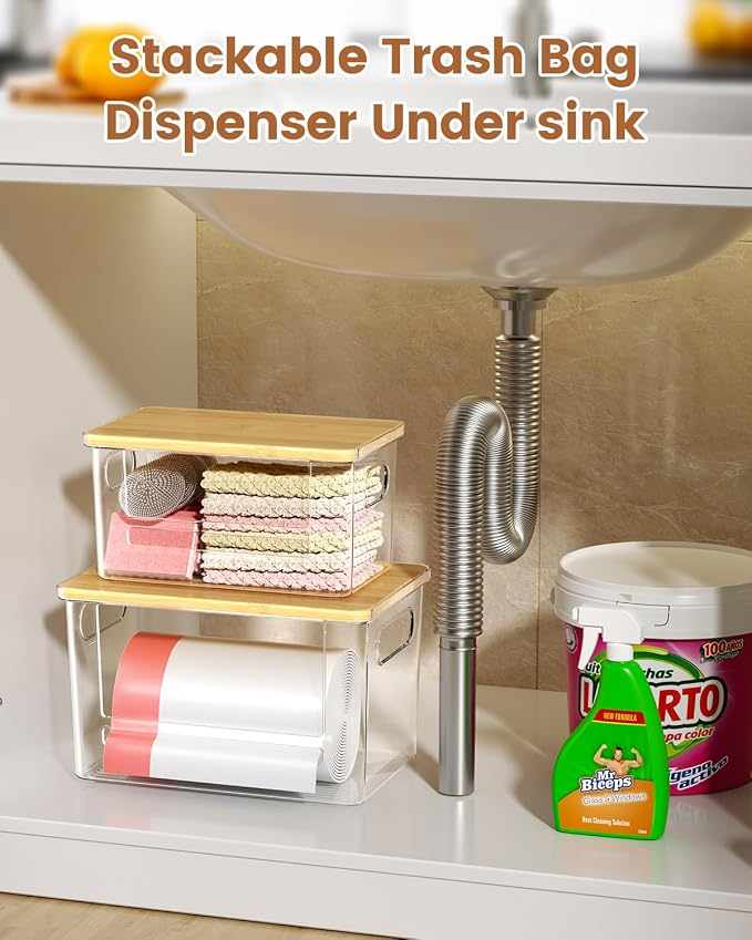 Trash Bag Dispenser 2 Pack (XL+S) - Trash Bag Holder with Bamboo Top | Acrylic Garbage Bags Dispenser Under Sink Organizer for Pantry, Kitchen, Laundry Room, Cabinet 2 Pack (XL+S)