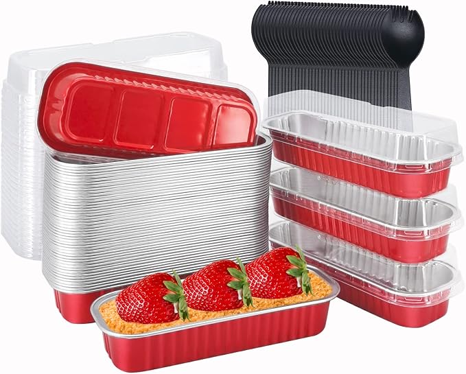 LNYZQUS Mini Loaf Pans with Lids 50 Pack, 6.8oz Small Cake Tins | Rectangle, Red, Disposable Aluminum Foil Baking Cups, Individual Containers for Christmas Party Treats