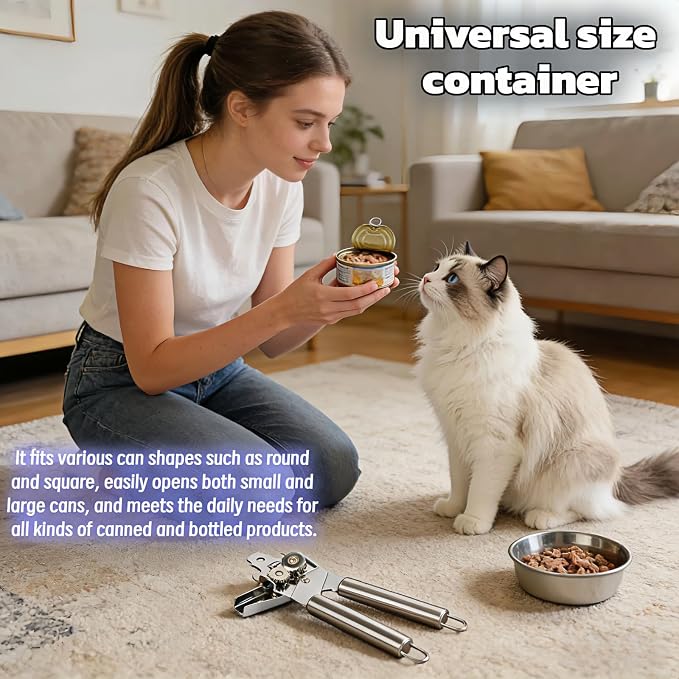 Stainless Steel Manual Can Opener, 3-in-1 Multifunctional, High-Carbon Steel Cutting Wheel, Ergonomic Handle, 7.28 Inch, for Food Cans and Bottles