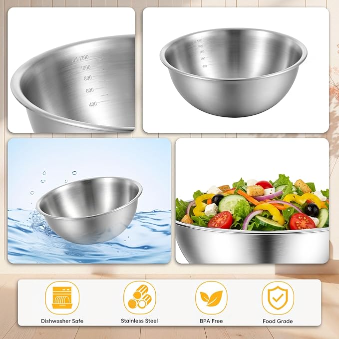 12 Pcs Stainless Steel Mixing Bowls with Graduations, 1.27QT Stainless Steel Bowls, Nesting Metal Prep Salad Bowl, Metal Serving Reusable Baking Food Storage Containers Kitchen Cooking(7.5 x 3 Inch)