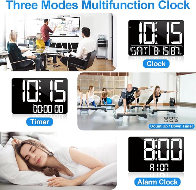 PERSUPER 13" Digital Wall Clock Large Display with Remote, Temp & Timer | Auto Dimming, 12/24H, DST, Calendar, 25 Ringtones, for Living Room, Kitchen, Bedroom, Office & Elderly