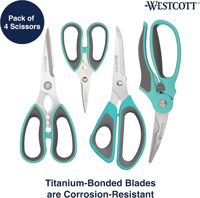 Westcott Titanium-Bonded Kitchen Shears 4pk, Durable and Versatile Scissors with Soft Handle for Precise Cutting, Ideal for Cooking