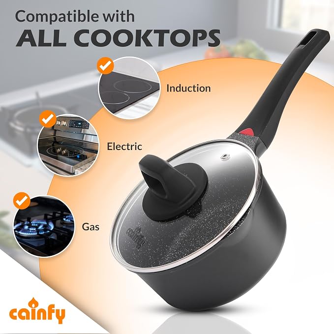 1.3Qt Nonstick Ceramic Sauce Pan with Glass Lid, 6.2" | Black ceramic nonstick, toxin/PFOA-free. Induction/gas compatible. Even heating. Soft-touch cool handle. Easy clean