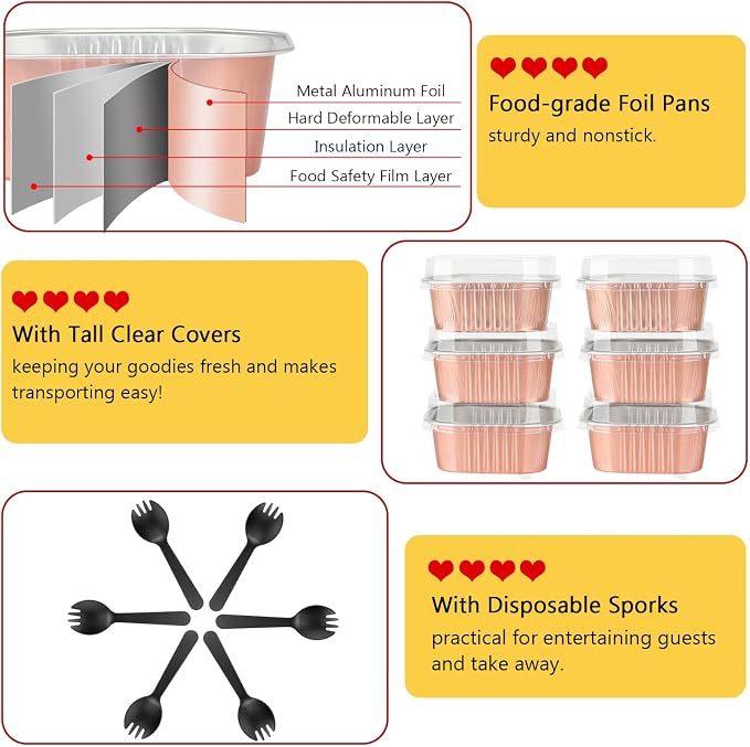 LNYZQUS 5oz Mini Cake Pans with Lids and Spoons, Disposable Brownie Tins | 40 Pack, Aluminum Foil, Square Cupcake Baking Cups, Individual Dessert Containers for Kids Party, Champagne