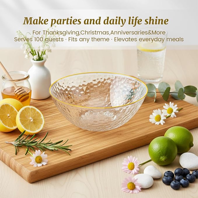 Rubtlamp 100 Pack Clear Disposable Bowls, Clear Plastic Bowls with Gold Rim, 12-16oz Premium Heavy Duty Plastic Hammered soup Bowls for Milk Cereals, Snacks, Salads