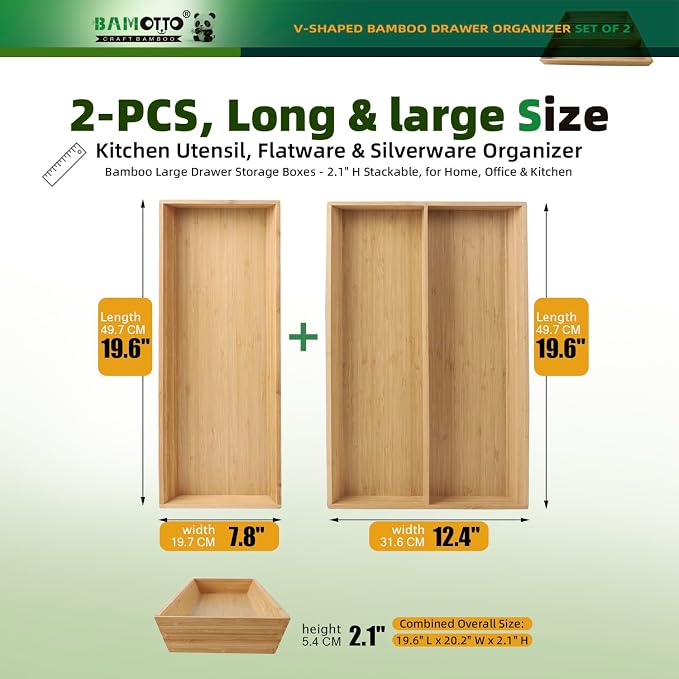 BAMOTTO CRAFTBAMBOO Long V-Shaped Bamboo Drawer Organizer Set of 2 | Silverware & Cutlery Tray | Flatware & Utensil | Kitchen & Bathroom | Narrow Fit | 19.6"×12.4" & 19.6"×7.8"