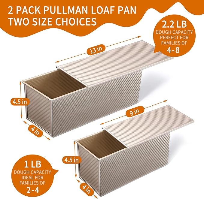PADELE 2 Pack Pullman Loaf Pan with Lid, 13x4 & 9x4 inch (2.2 lb & 1 lb Dough Capacity), Non-Stick Sandwich Bread Loaf Pan for Homemade Baking Bread, Gold