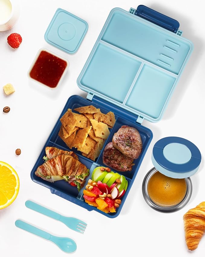 SOHIDA Bento Box with 10oz Soup Thermo: Kids Leakproof Lunch Box with 3 Compartments - Dishwasher Safe and BPA-Free - Vacuum Insulated Food Jar Suitable for Kids Back to School, Travel-Blue