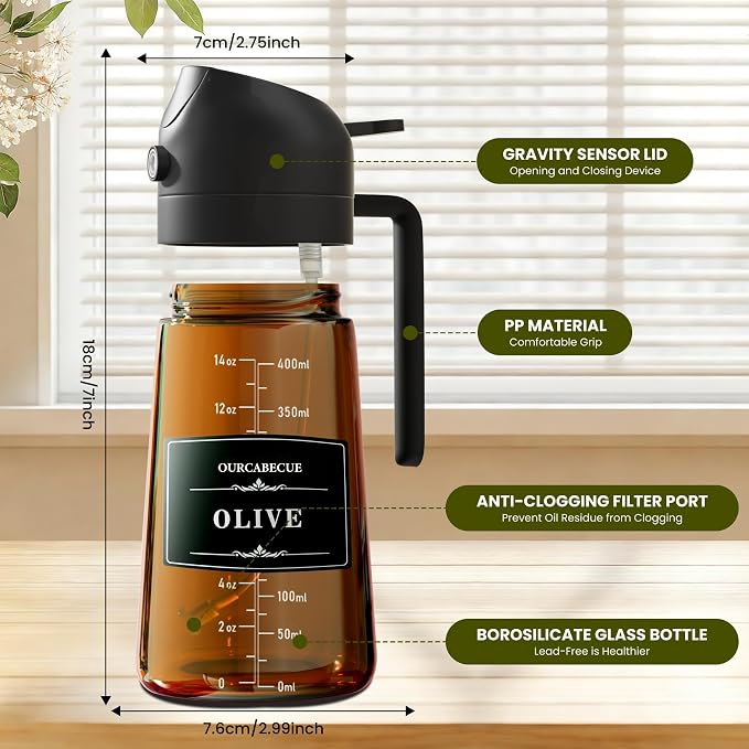 Olive Oil Sprayer & Dispenser for Cooking, 16oz Dark Glass Oil Mister, 2PC | 2-in-1 Oil Sprayer & Pourer, Fine mist, Light-Blocking, Wide Mouth, Easy Refill & Clean, 8 Oil Labels, Reusable, with Scale