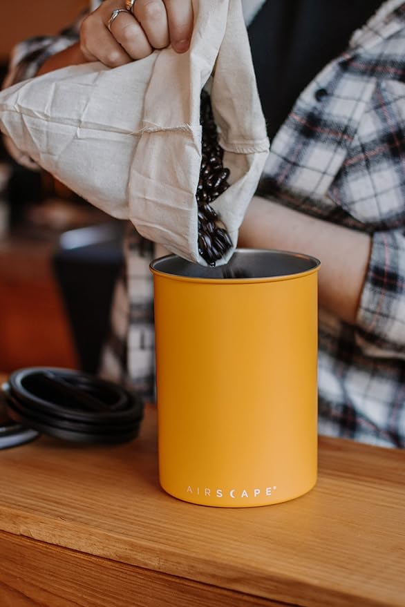 Planetary Design Airscape Stainless Steel Coffee Canister | Food Storage | Food Storage Container | US Patented Airtight Lid | Push Out Excess Air Preserve Food Freshness (Medium, Matte Yellow)