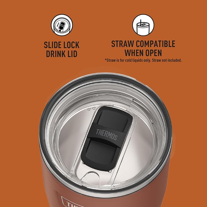 THERMOS Icon Series 24oz Stainless Steel Tumbler with Slide Lock Lid, Leakproof, Fits Cupholder, Dishwasher Safe, Griptec™ Non‑Slip Base, Keeps Drinks Hot 6 Hrs/Cold 22 Hrs, Saddle