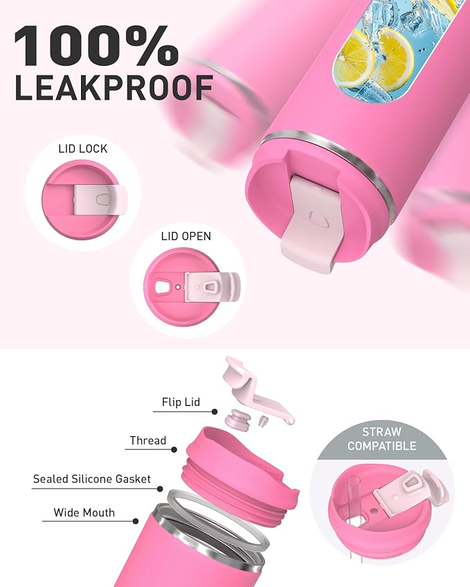 TOURIT 16 oz Insulated Stainless Steel Travel Mug with Lid, Leak-Proof Double-Wall Vacuum Tumbler, Reusable Coffee Cup - Pink