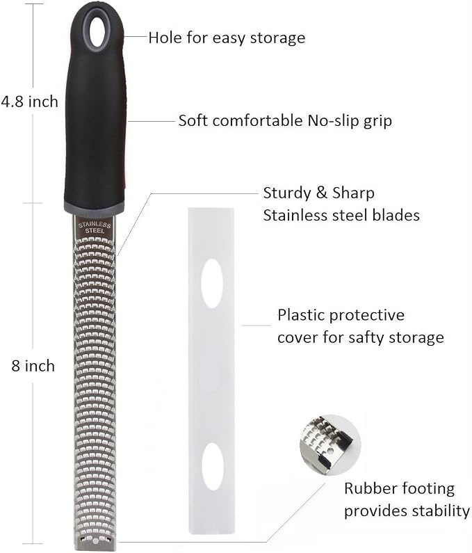 8-Inch Lemon Zester & Cheese Grater, 18/8 Stainless Steel, Black | Fine 18/8 Stainless Steel Blade for Citrus, Parmesan, Ginger and Garlic, Soft Non-slip Handle, Cover, Dishwasher Safe