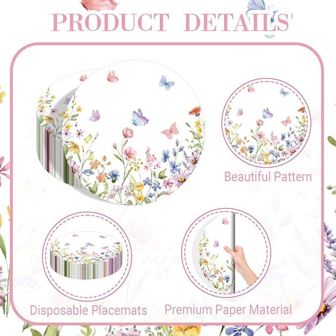 50PCS Spring Floral Placemats Disposable Wildflower Paper Placemats Summer Round Table Mats for Birthday Wedding Anniversary Bride Party Supplies