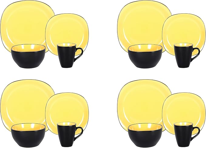 Stoneware Square 16pc Dinnerware Set, Inside Shiny Yellow + Outside Matte Black