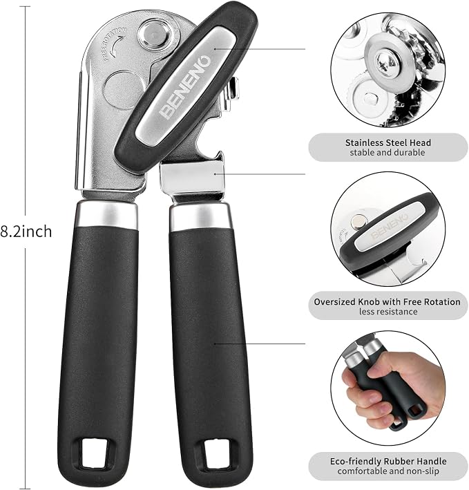 Beneno Heavy Duty Hand Can Opener Manual with Magnet Lid Remover, Black | Razor-Sharp Carbon Steel Blade, Precise Smooth Cutting Gear, Big Effort-Saving Knob, Soft Grip Handle, Built-in Bottle Opener