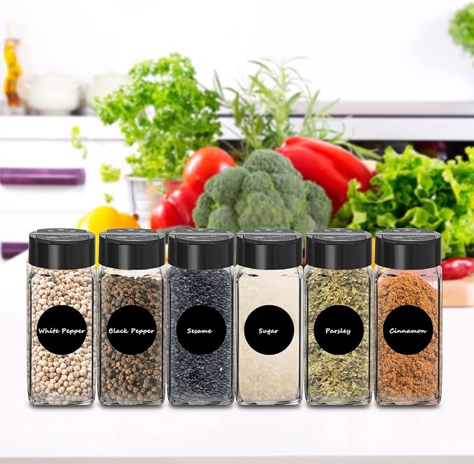 Saiveina 12 Pack Glass Spice Jars with Labels, 4oz Spices Containers Spice Jars with Black Shaker Lids, Empty Containers for Spice, Silicone Funnel and Pen Included