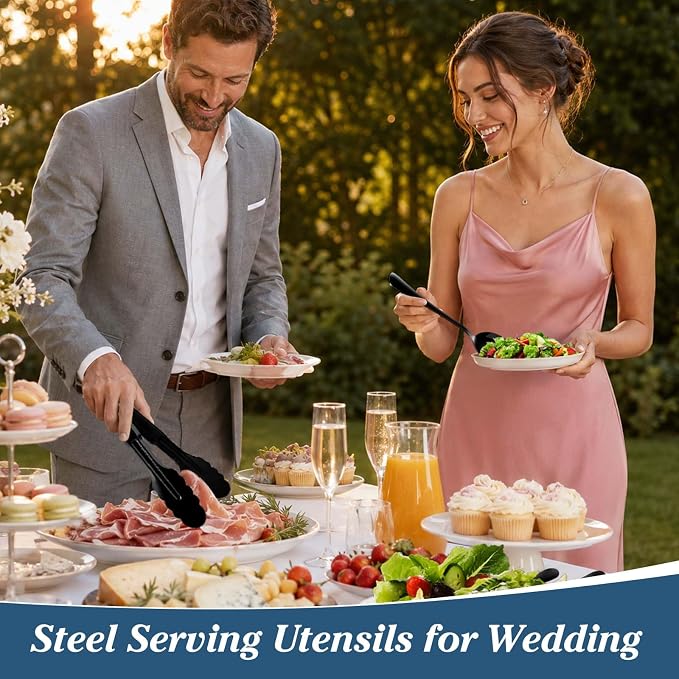Mwellewm 18Pcs Serving Utensils Set Serving Tongs Serving Spoons for Buffet | Dishwasher Safe, Black Stainless Steel Tableware, Metal Cutlery, for Parties Weeding Entertaining Catering Banquet Birthday