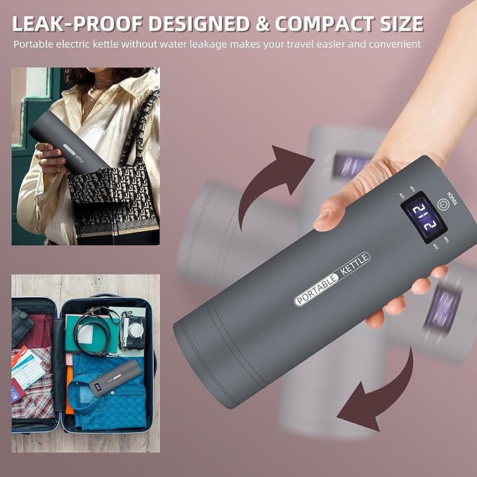 QRAGJBM Portable Electric Kettle Travel, 120V, 450ml, 4 Temperature Control | 304 Stainless Steel Lining, Auto Shut-Off, Boil Dry Protection, BPA-Free, Lightweight, For Hotel and Office（Grey）