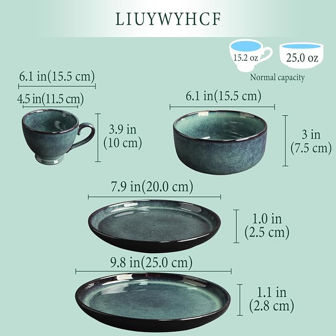 Ceramic Dinnerware (16 pcs) Serve 4 people, Plates and Bowls Sets,Handmade Reactive Glaze Dishes Set,Chip Resistant and Scratch Resistant,Dishwasher, Microwave Safe