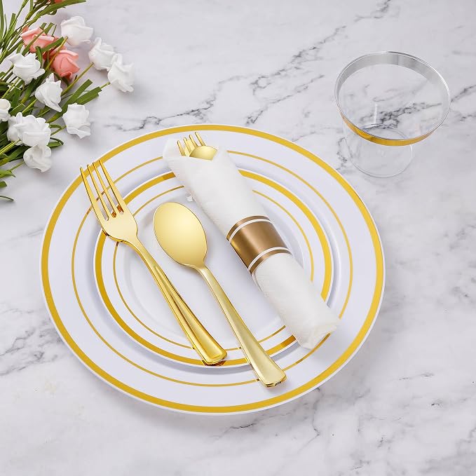 700 Piece Gold Plastic Dinnerware Set for 100 Guests | Disposable Dinnerware Includes: 100 Dinner Plates, 100 Dessert Plates, 100 Pre Rolled Napkins with Silverware, 100 Cups
