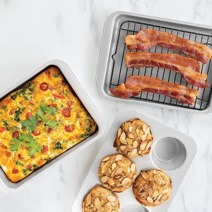 Nordic Ware Naturals 5 Piece Compact Pan Set, Toaster Oven, Counter Ovens, Air Fryer and Broiler Safe, Size for 1-2 Portions - Includes Rectangular Pan, Muffin Pan, Baking Sheet, Broiling Rack and Lid