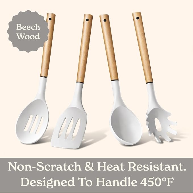 Country Kitchen Non Stick Silicone Utensil Set with Rounded Wood Handles for Cooking and Baking, 8 Piece Set, White
