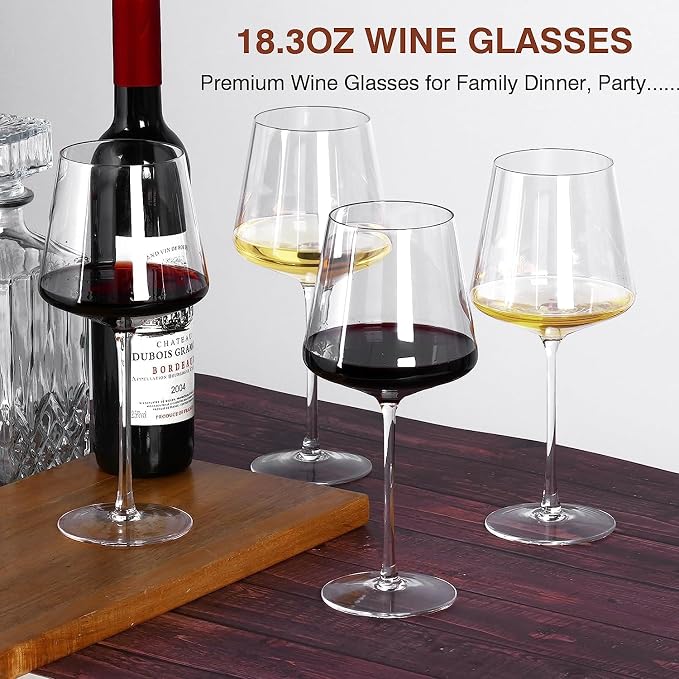 Wine Glasses Set of 4, 18oz Modern Crystal Glasses, Hand Blown | Skinny Long Stem for Red White Wine, Great Gift Packaging for Daily Use, Unique Wedding Anniversary or Birthday Gift