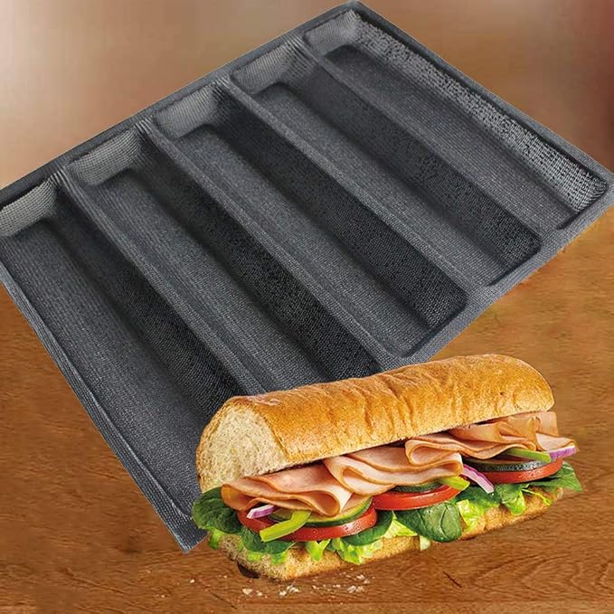FETESUR Silicone Perforated Baking Form Sandwich Mold, Baguette Pan, Black | Sandwich Bread Mold, Food Proofing Mat, 5 Loaf Non-Stick Baking Liners