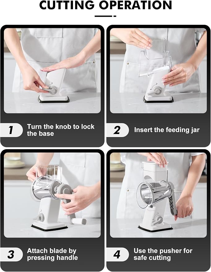 GDL Upgraded Cheese Grater Shredder Hand Crank, Vegetable Slicer, 4 Blades | 18x Faster Cutting, Stronger Suction Base, No BPA, Stainless Steel Blade, Dishwasher Safe, For Cheese & Veggies & Nuts