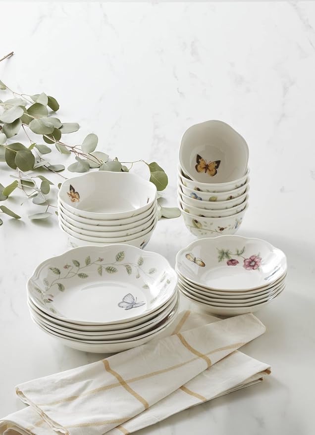 Lenox Butterfly Meadow Porcelain 24-Piece Variety Bowl Set for 6 | dishwasher safe, microwave safe | includes pasta, dessert, all-purpose, and fruit bowls, 6 each | 8.75 inch diameter