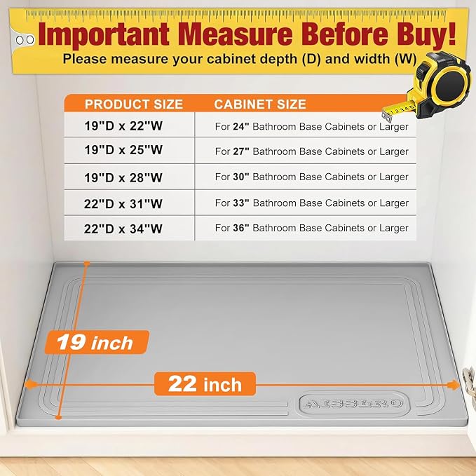 Under Sink Mat 22" X 19", Waterproof Silicone Cabinet Kitchen Liner, Gray | BPA-Free Raised-Edge Cabinet Protector & Leak Tray for Bathroom Cabinets, Boots, Pet Feeding Dog & Cat Mats, Dishwasher Safe