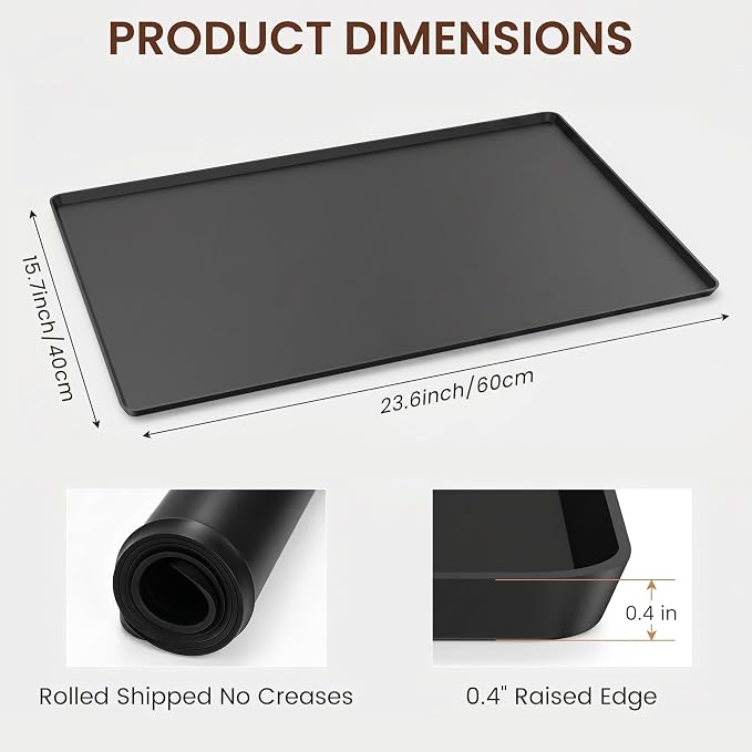Silicone Coffee Mat, 24''x16'' Coffee Bar Mat for Countertop with Raised Edge, Non Slip Countertop Protector for Espresso Machine, Rolled Ship, Black