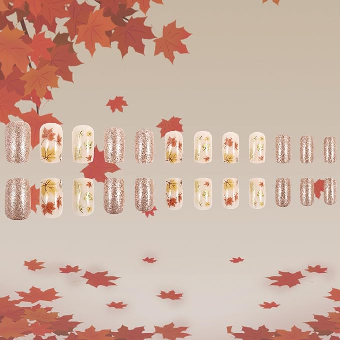 Fall Press on Nails Medium Square Fake Nails with Maple Leaves Glitter Designs Nails Press ons Orange Yellow Nude Glue on Nails Full Cover Stick on Nails for Women 24 Pcs
