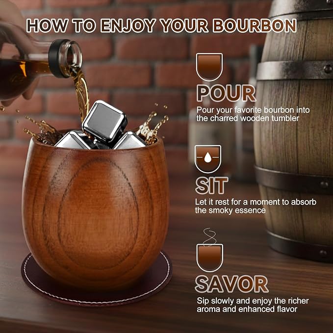 Charred Wooden Bourbon Drinking Glass Wooden Whiskey Glasses Set of 2 with 6 Stainless Steel Whiskey Stones and Tongs Old Fashioned Glass Bourbon Gifts for Men (2 Pack – Tube Gift Box)