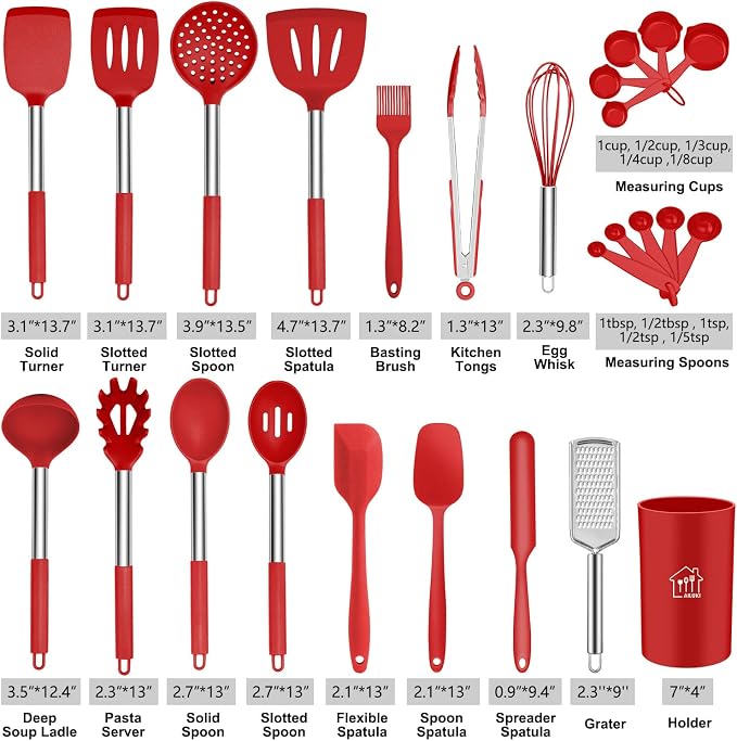 26 Pcs Kitchen Silicone Cooking Utensils Set, Red Kitchen Decor | Non-stick Heat Resistant Silicone, Cookware with Stainless Steel Handle