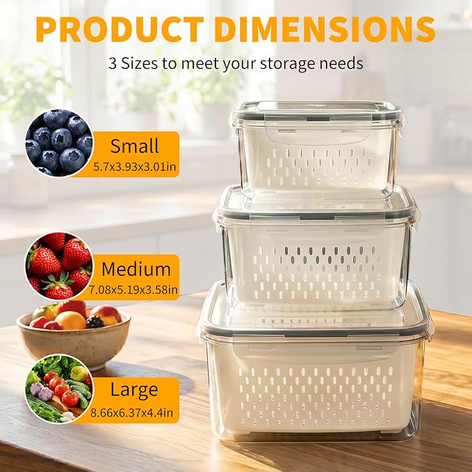 Runhike Strawberry Container Fruit Storage Containers for Fridge 3 PCS | Strawberry Basket Produce Storage Containers for Fridge, Fridge Organizers to Keep Blueberry Grape and Fruit Fresh Longer