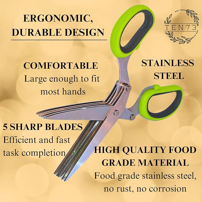 2-in-1 5-Blade Herb Scissors & Herb Stripper Set | 10-Hole Leaf stripper Stem Remover + Stainless Steel Herb Shears with Safety Cover & Cleaning Comb | Dishwasher Safe Kitchen Tool for all Herbs