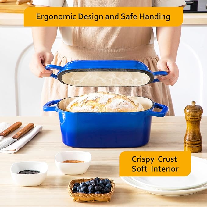 Velaze 3.6 QT Oval Cast Iron Dutch Oven for Bread Baking, Offset Handles | Bread Pan with Lid for Sourdough Sandwich,Small Households Baking,Gift for Bread Bakers,Deep Base,Oven Safe,Blue