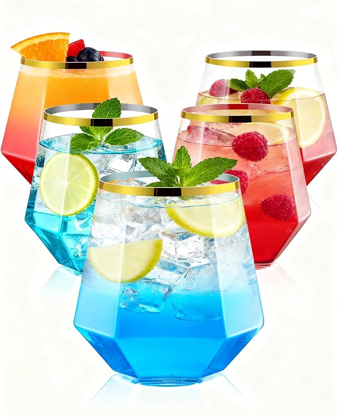 BESTSTAR 40 PCS Clear & Gold Rim 12 Oz Diamond Plastic Wine Whiskey Glasses | Stemless Unbreakable Disposable Wine Glasses for Party,Ideal for Beach Holidays,Halloween, Christmas, Weddings,Daily Use