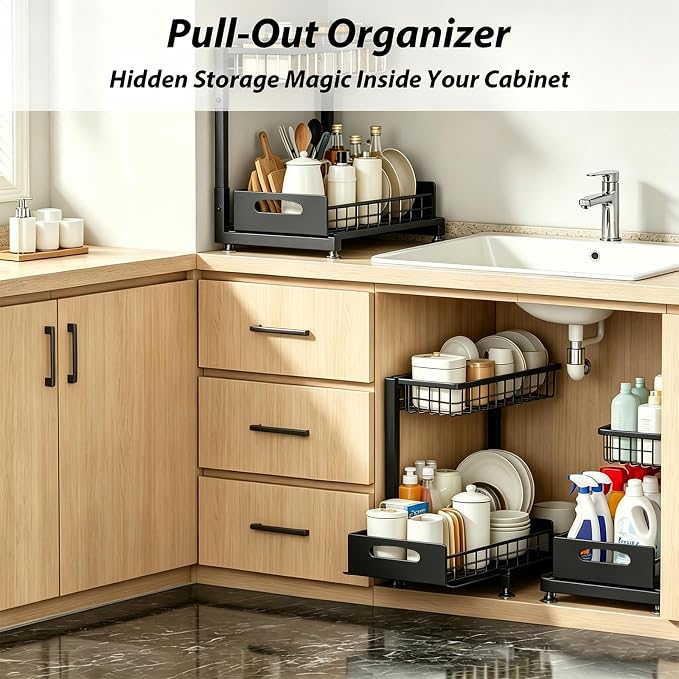 2 Pack Upgraded Under Sink Organizer, 2 Tier Pull out Kitchen Cabinet Organizer Metal Slide out Bathroom Organizers and Storage Makeup Drawer Organizer for Office Bedroom Restroom Living Room, L-Black